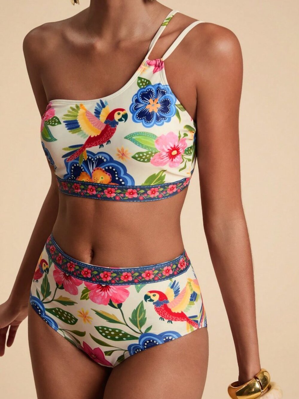 Multicolor Casual Women's Floral Print Asymmetric Neckline Two-Piece Bikini Set